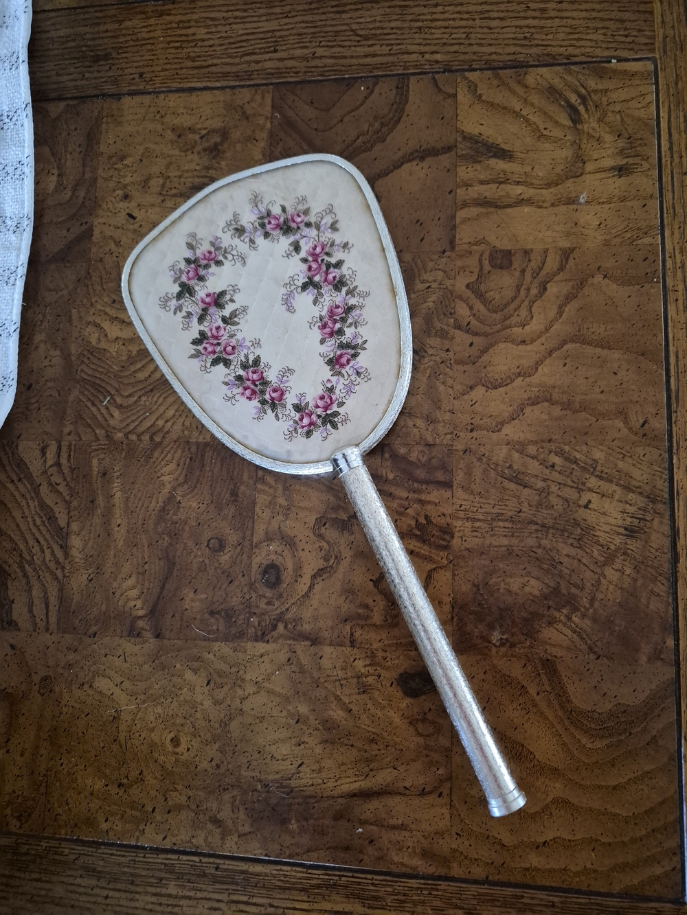 Vintage Floral Hand Mirror with Pink Rose Motif